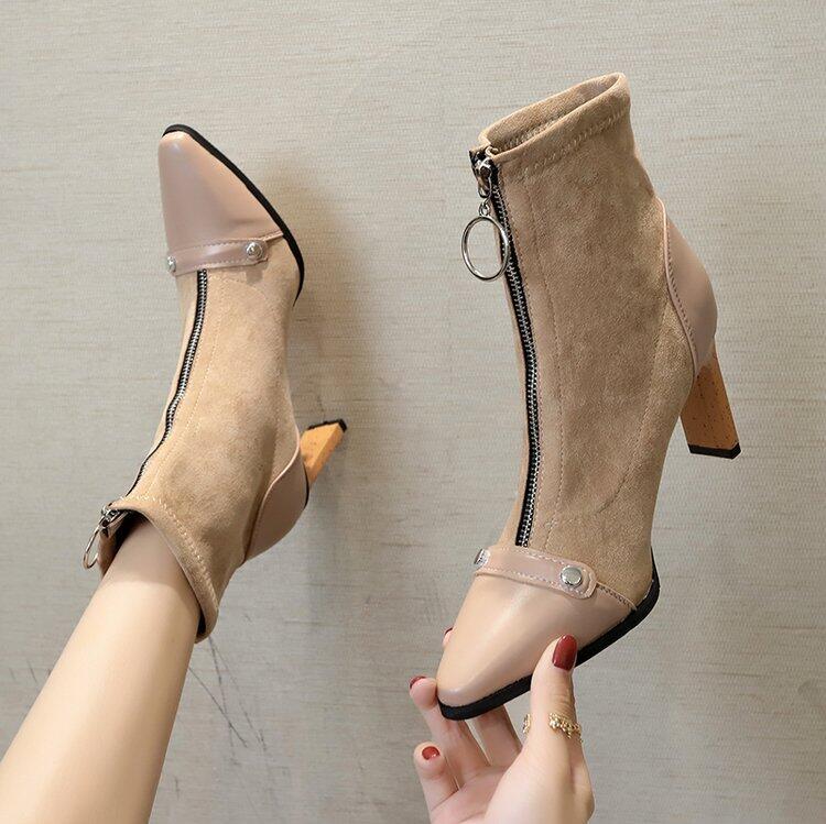 

Boots Women Shoes Woman Boots Fashion Flat Black Ankle Elastic 2021 Winter New Fashion Front Zipper, Beige