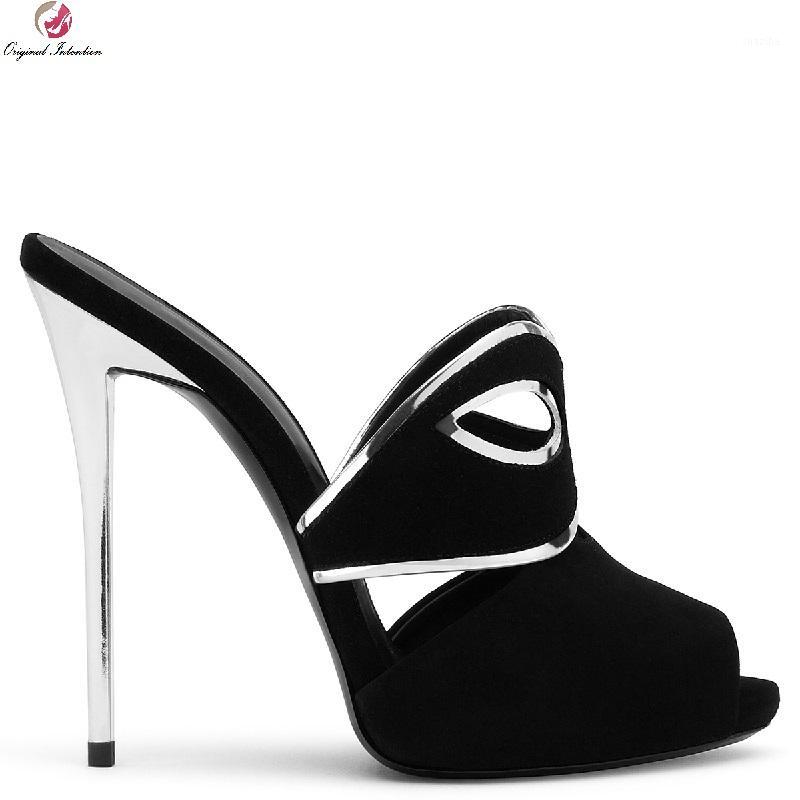 

Women Black Flock High Heels Sandals Peep Toe Slip-On Thin Heels Casual Party Woman Solid Super High Sandals Large Size 34-451, Ef8510 black