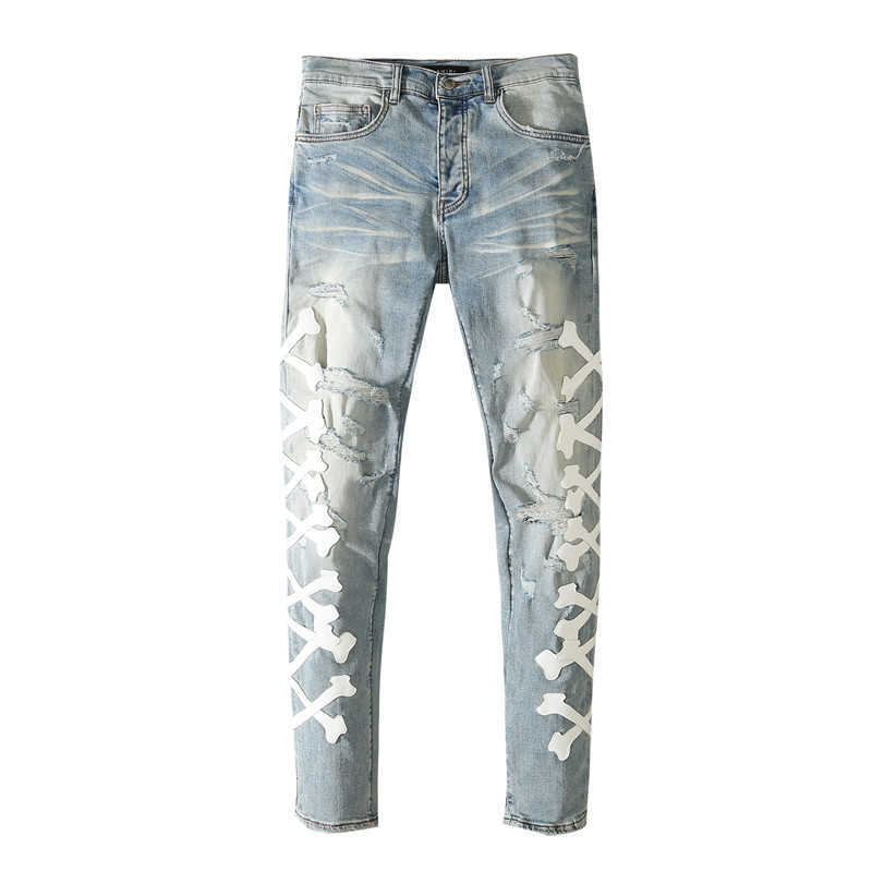 

wash water blue hole making old amirs stickers leather embroidered bone elastic Slim Fit Jeans Men's high street, Light blue