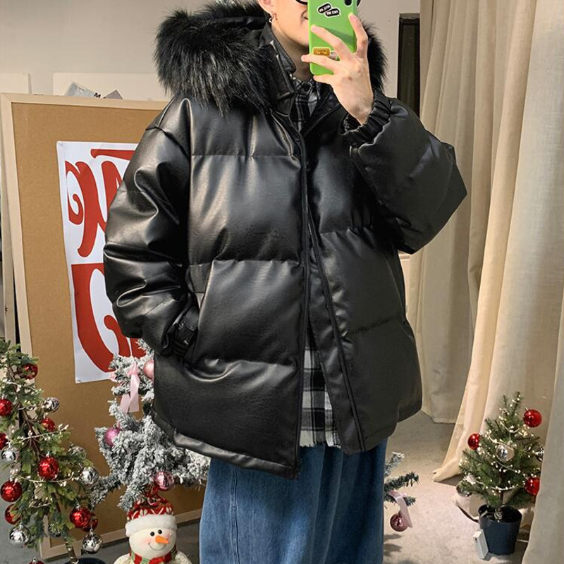 

Winter Thick Leather Jacket Men' Parka Warm Fashion Casual Fur Collar Hooded Coat Men Streetwear Loose Short Leather Coat Mens, Black