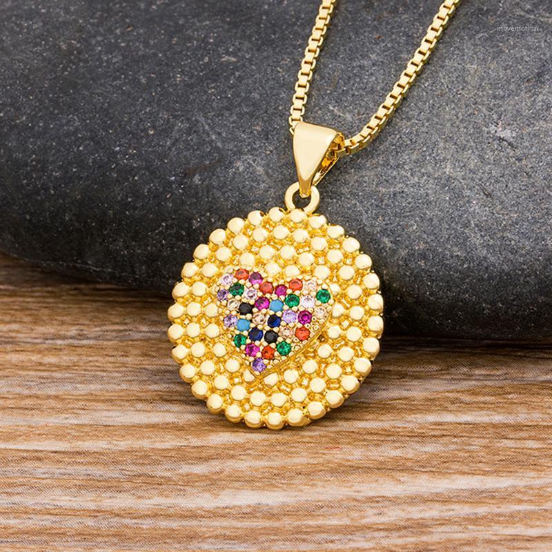 

Hot Sale Geometric Romantic Rainbow Crystal Heart Pendant Necklace Copper CZ Stone Round Necklace Gold Chain Jewelry For Women1