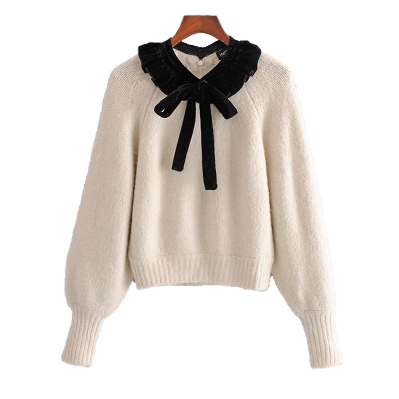 

ZOEPO O Neck Sweaters Women Fashion Velvet Bow Sweater Women Elegant Sweet Lantern Sleeve Short Wool Sweaters Female Ladies, As picture