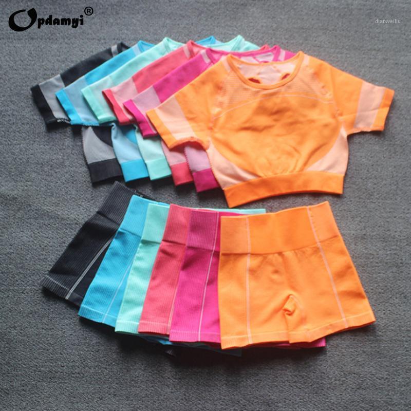 

Women Short Sleeve Yoga Gym Set Vital Seamless Sport Suit Workout Clothes Fitness Crop Top Shirt High Waist Shorts Sportswear1, Rose red shorts