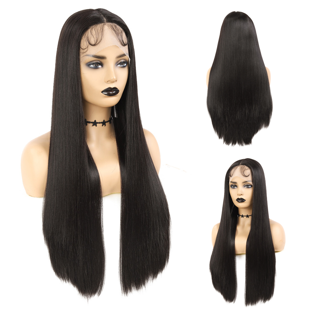 Costume Accessories 32 Inches Super Long Straight Synthetic Wigs With Baby Hair Heat Resistant Fiber Natural Brown Hair Middle Part Lace Wi-image-749078012
