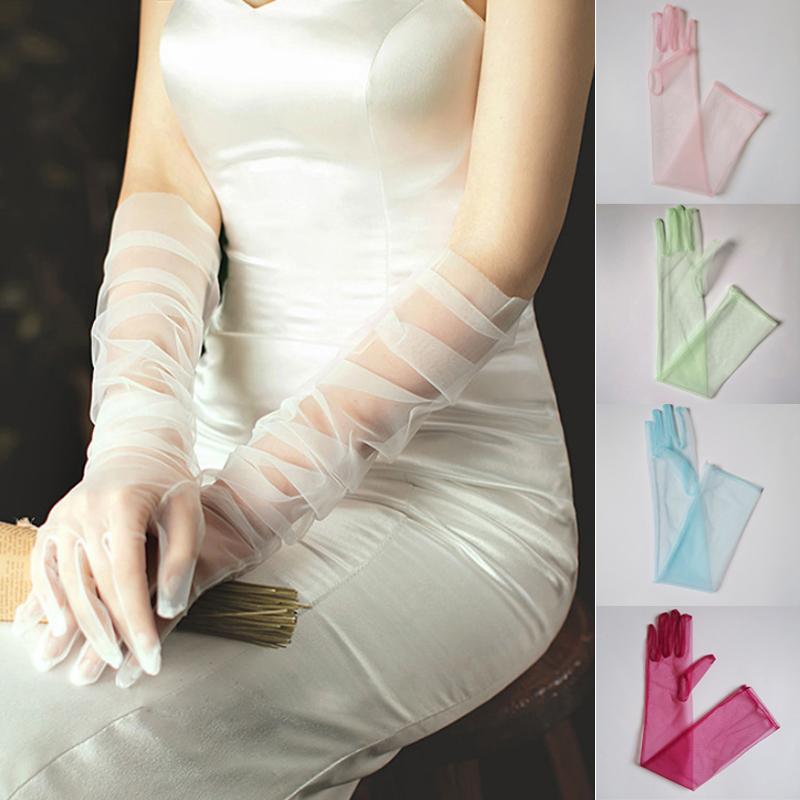 

Five Fingers Gloves Women Sheer Tulle Sunscreen Full Finger Elbow Long Mittens Party Pography Ultra Thin