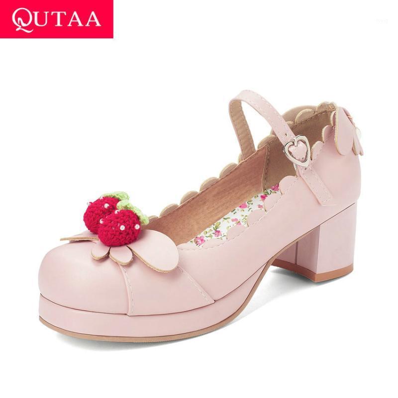 

QUTAA 2021 Strawberry Round Toe Buckle Spring Sweet Ladies Pumps PU Leather Square High Heel Women Single Shoes Big Size 34-431, Beige