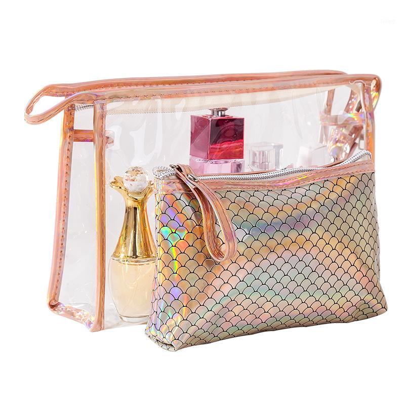 

2pcs/set Women Travel Fish Scale Make Up Bags Girl Cosmetic Bag PVC Makeup Beauty Wash Organizer Toiletry Pouch Storage Neceser1, Brown