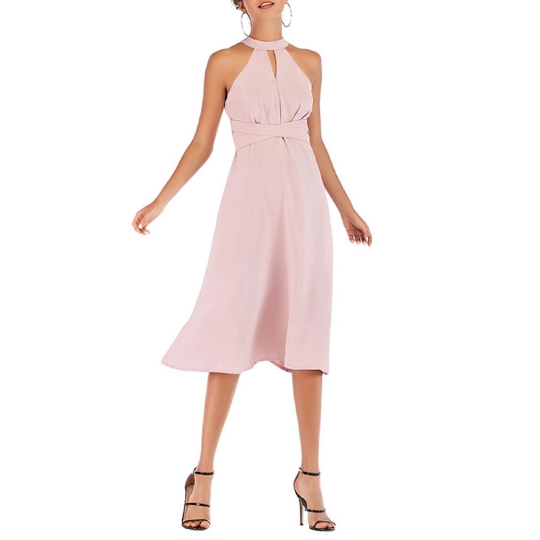 

Hanging Neck Laced Back Waist Zipper Mid-length Dress Size S