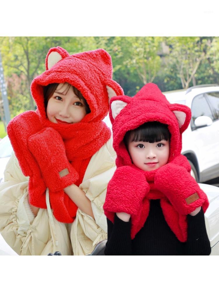 

Parent-Child Cute Cartoon Ears Winter 3 In 1 Scarf Hat Gloves Thicken Plush Warm Hoodie Earflap Beanie Cap Snood Wrap1, Pk-s