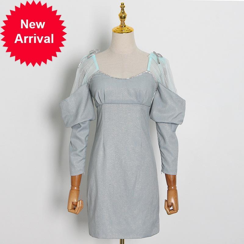 

New Autumn 2021 Ladies'fashionable Square Neck Chic Crochet Puff Sleeves Mini Dress Design Luxury Party Clothing KNK8, Blue