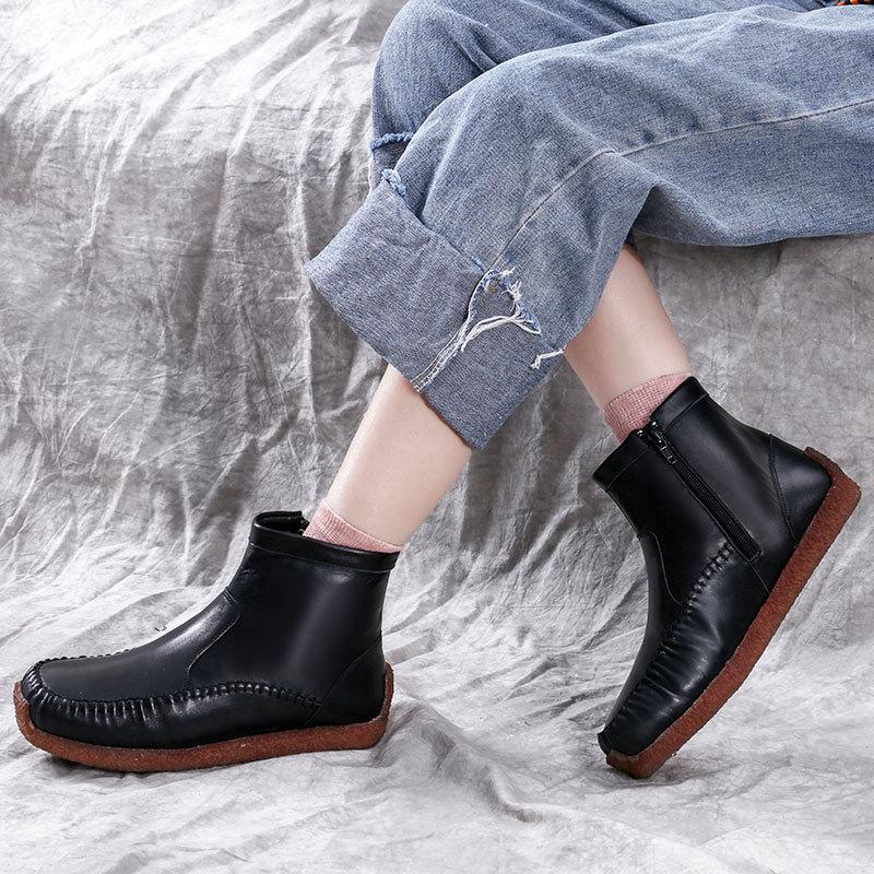 

Genuine Leather wool fleece side zipper machine car boots thick bottom women's boots factory wholesale, Black