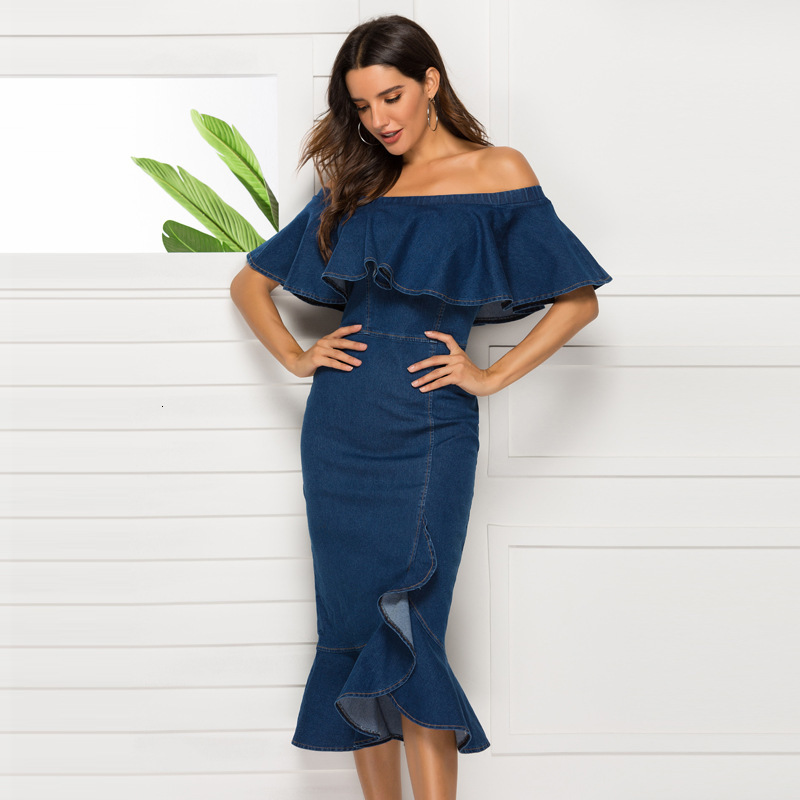 

2021 New Summer Elegant Off the Shoulder Slim Jeans Bodycon Women Sexy Robe Ruffle Mermaid Design Party Denim U234, Blue
