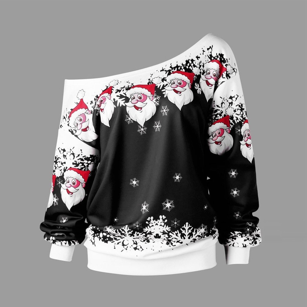 

Merry Christmas Santa Claus Hoodies Plus Size Print Skew Collar Women Sweatshirt, Beige
