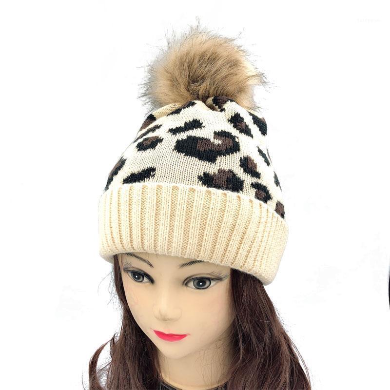 

New Winter Leopard Print Knitted Hat Women's Fashion European And American Warm Wool Hat Hair Ball1, Beige