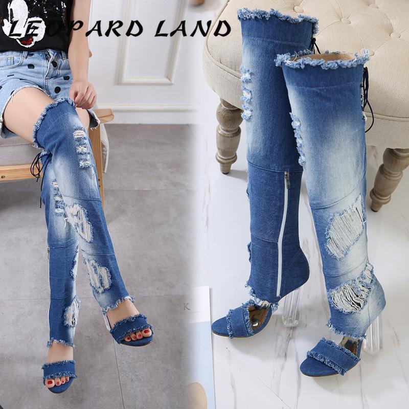 

LEOPARD LAND 2020 Summer New Over-the-knee Women's Shoes Sexy Thick Heel Frayed Denim Tassel High Heel Women's Sandals CWF1, Blue