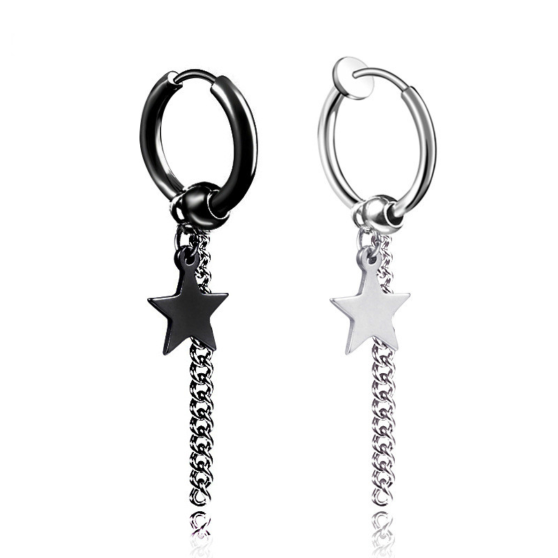 

pentagram chain tassel dangle earrings Stainless steel clip on hoop ear rings women men hip hop fashion jewelry will and sandy, Silver