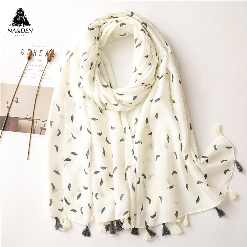 

Fashion black feather print scarf with tassels hijab kaleidoscopic shawl New women muslim hijabs soft turban hot sale fast ship