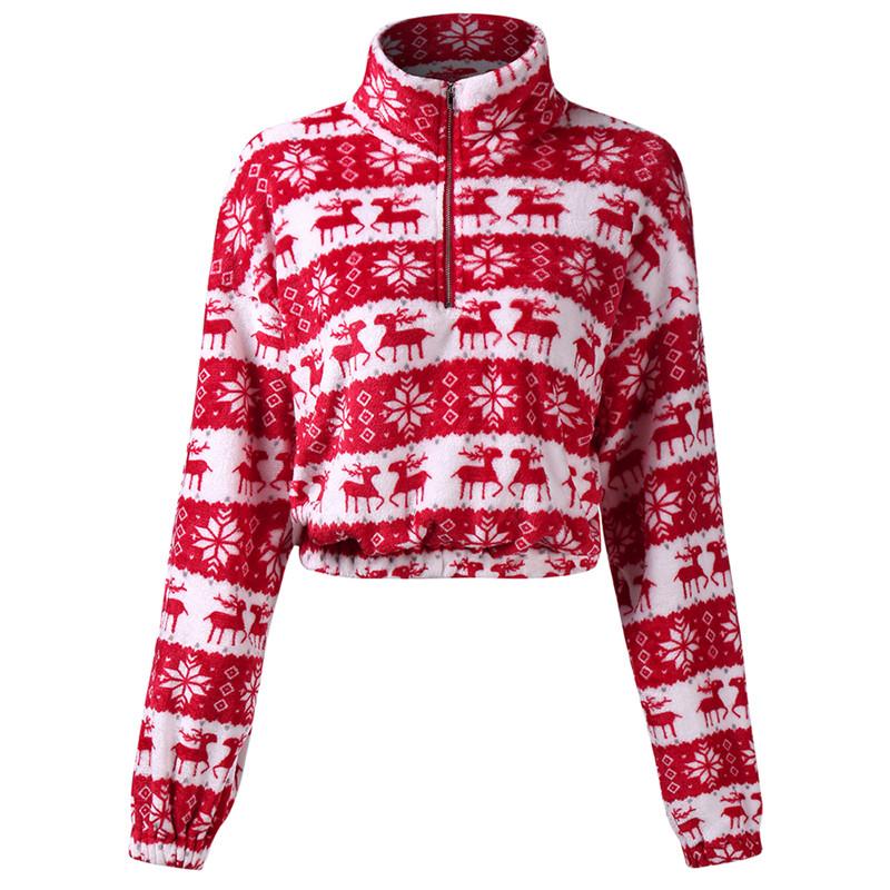 

Christmas Sweatshirts Women Plush Long Sleeve High Collar Zipper Pullover Loose Top Hoodies, Red