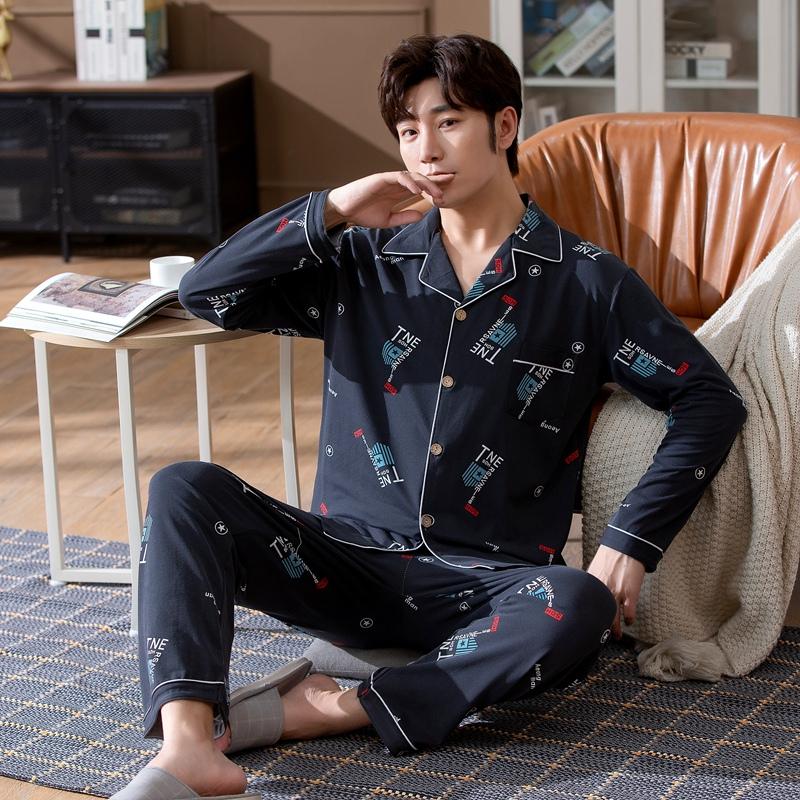 

2021 Spring Autumn Long Sleeve Pajama Sets for Men Korean Cardigan Print Sleepwear Suit Male Pyjama Lounge Homewear Home Clothes, 8831b