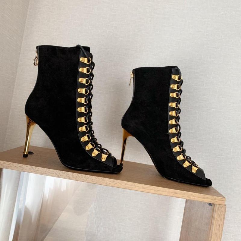 

2020 New Peep Toe Women Boots Cross-Tied Women Shoes 10cm High Heels Genuine Leather Suede Boots Woman Autumn Designer1, As pic