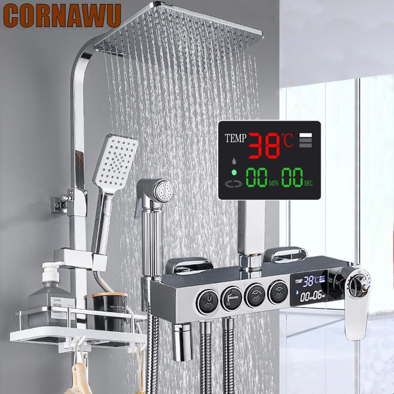 

Bathroom Shower Sets Silver Thermostatic System Set Cold Mixer Bath Faucets Bathtub Wall Mount SPA Rainfall Chrome Douche Systeem
