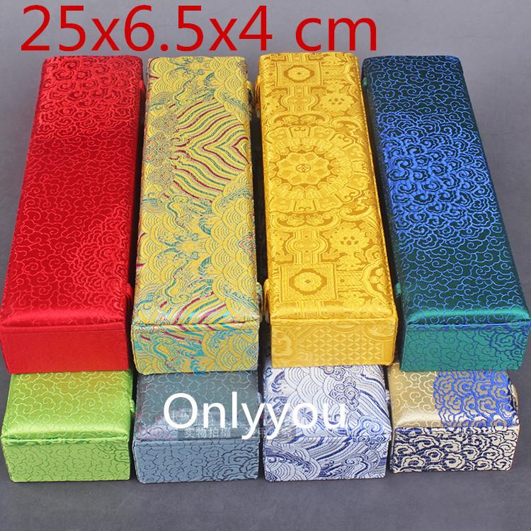 

Long Luxury Chinese Silk Fabric Gift Box Wood Necklace Gift Packaging Box Hand Fan Jewelry Storage Decoration 25x6.5x4cm