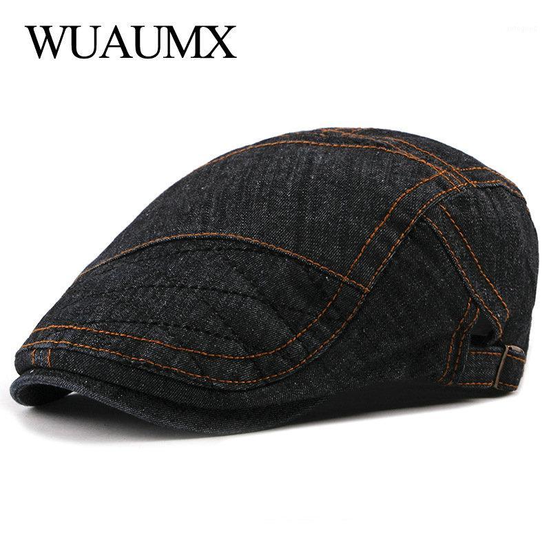 

Berets Wuaumx Unisex Washed Denim Hat For Men Women Peaked Ivy Cap Cotton Duckbill Casual Painter Herringbone Adjustable1, Black