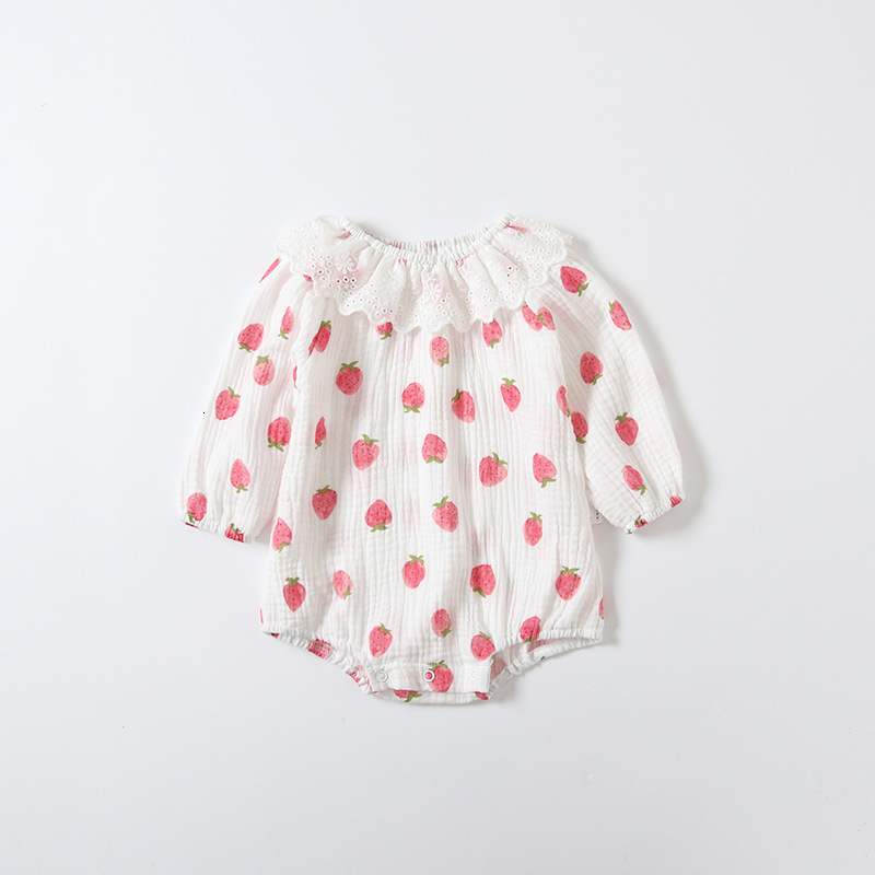 

2021 New Girls Bodysuits Strawberries Pattern Cotton Long Sleeve Jumpsuit Baby Outfits Newborn Infant Clothes Qusz, White