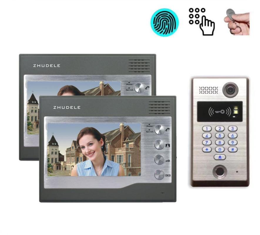 

ZHUDELE Fingerprint CCD Camera Video Door Phone 7" Home Security Door Bell System for Villa 1camera+2monitors1