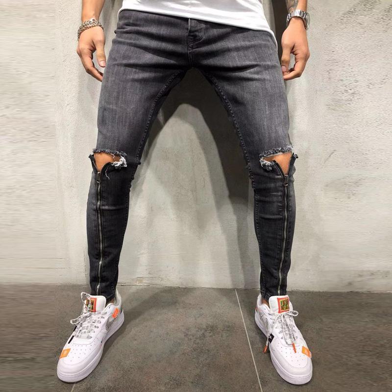 

New Ripped Pencil zipper Jeans Men Skinny Denim Biker Jeans Destroyed Hole Hip Hop Slim Fit Man Jean Pantalon, 1960