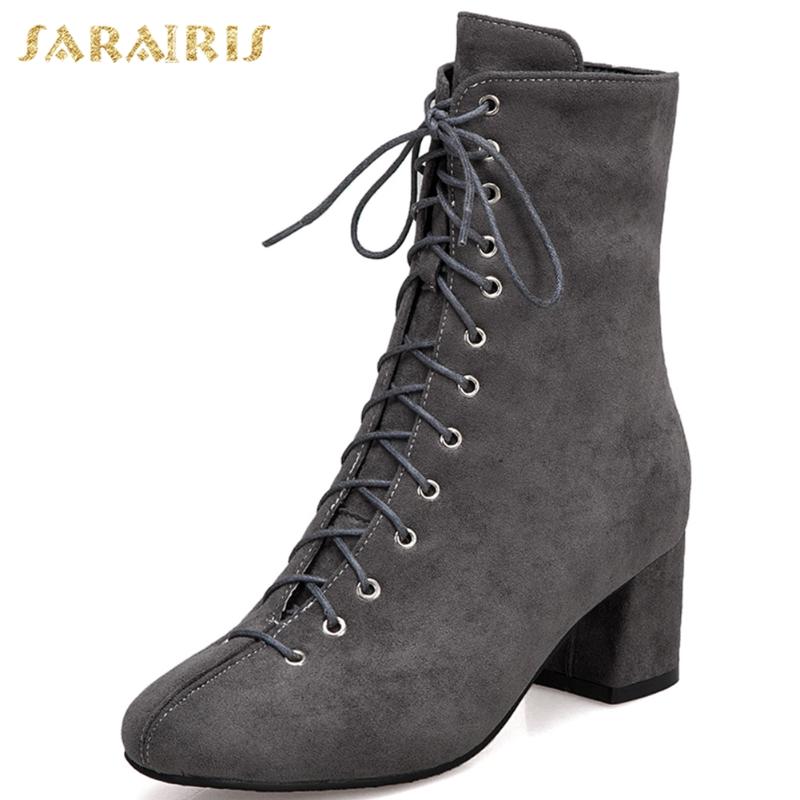 

sarairis hot sale 2020 plus Size 45 ankle Boots woman shoes Rubber Scrub chunky Heels Korean Lace-up Decorative shoes ladies, Black