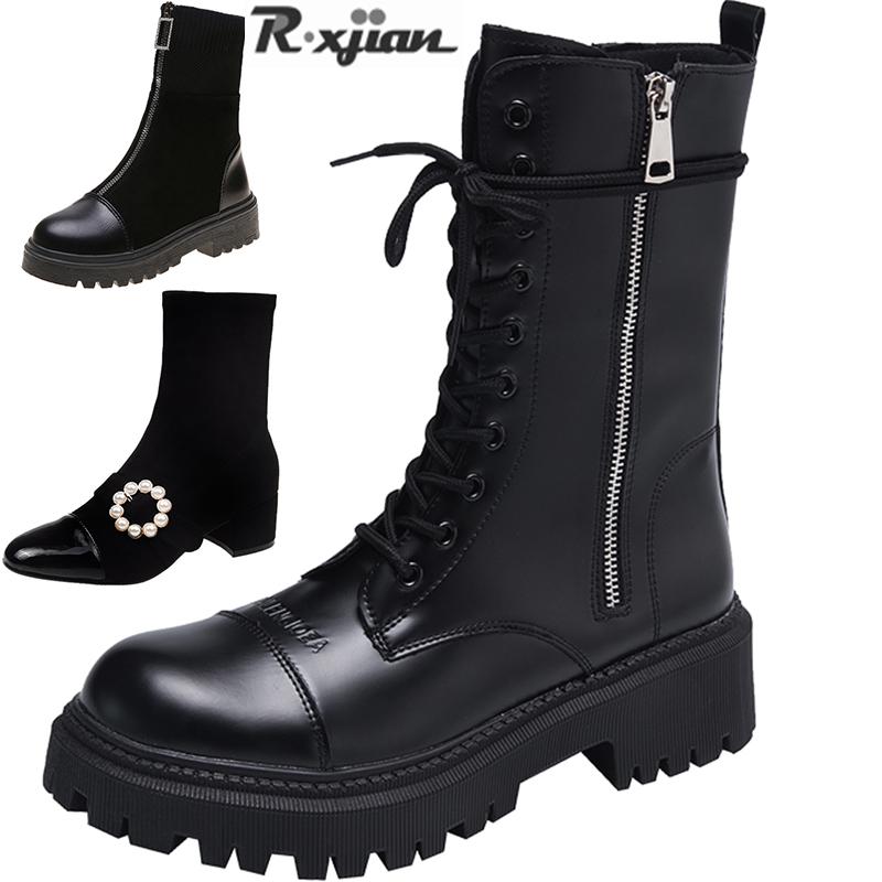 

R.XJIAN Brand2020 Thick-soled British Style High-top Shoes Black Boots Short Student Women's Snow Motor