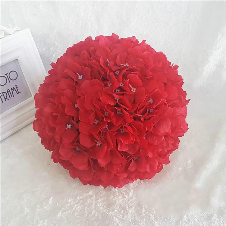 

Hot sale 23cm Artificial Hydrangea Flower Ball Hanging Decorative Flower Ball Centerpieces Silk Rose Wedding Kissing Balls, Red