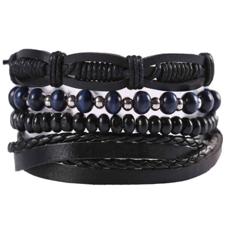 

Leather Bracelet Men's Vintage Wood Blue Handmade Rope Braided Vintage Multilayer Beads Winding Bracelet Pulsera New