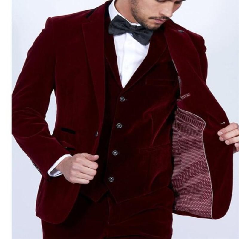 

Burgundy Velvet Men Suits 2020 Slim Fit 3 Piece Blazer Tailor Made Wine Red Groom Prom Party Tuxedo Jacket Pants Vest, As the image