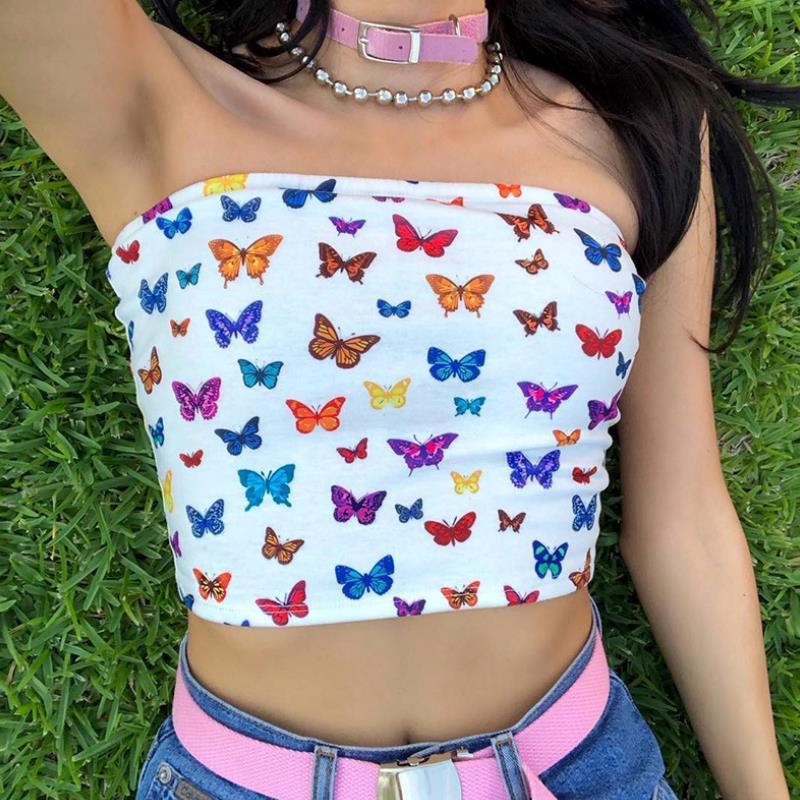 

Summer Women Girl Butterfly Print Wrapped Chest Boob Tube Transgender Undershirt Strapless Short Tube Tops Crop Top Y106, Multi