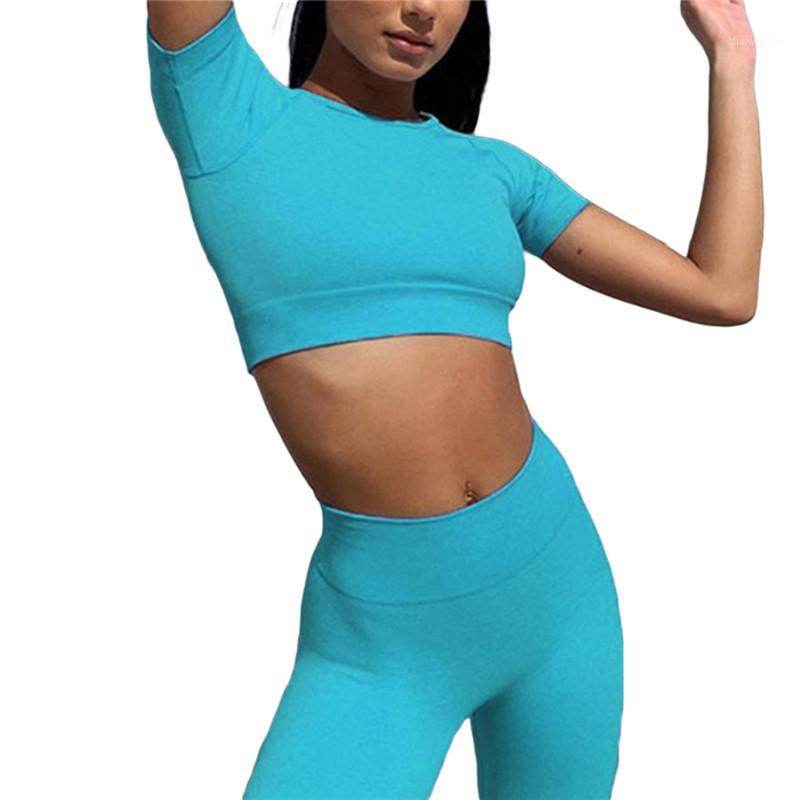 

2PCS/Set Seamless Fitness Short Sleeve Women Yoga Suit Women Cropped High-Waist Shorts Wrapped Yoga Elastic Workout Sport Set1, Blue
