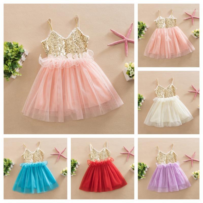 

Wholesale- Sweet Kids Girls Tutu Sequins Dress Sundress Multi Candy Color Princess Party Dress Halter V Neck Dress1, Beige