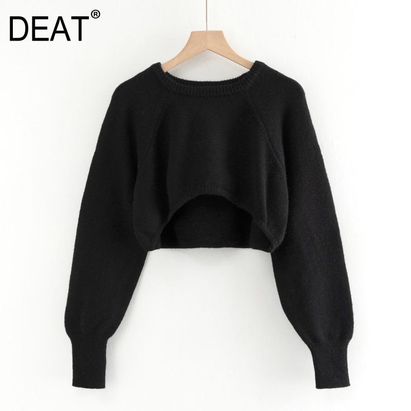 

DEAT] 2020 Spring Autumn New Fashion Solid Color Long Sleeve Round Neck Pullover Loose Women Knitting Short Sweater 13U787, Black
