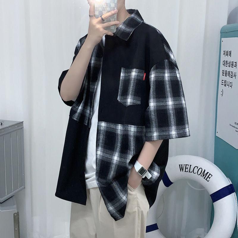 

2020 Summer Men's Fashion Casual Plaid Printing Short Sleeve Hawaiian Shirt Camisa Masculina Streetwear Shirts Large Size M-5XL, Black and white