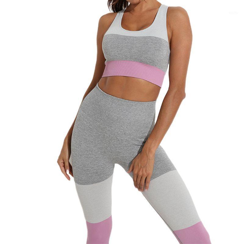 

Women Workout Set Color Block Yoga Sport Seamless Open Racerback Bra Leggings Q84C1, Blue