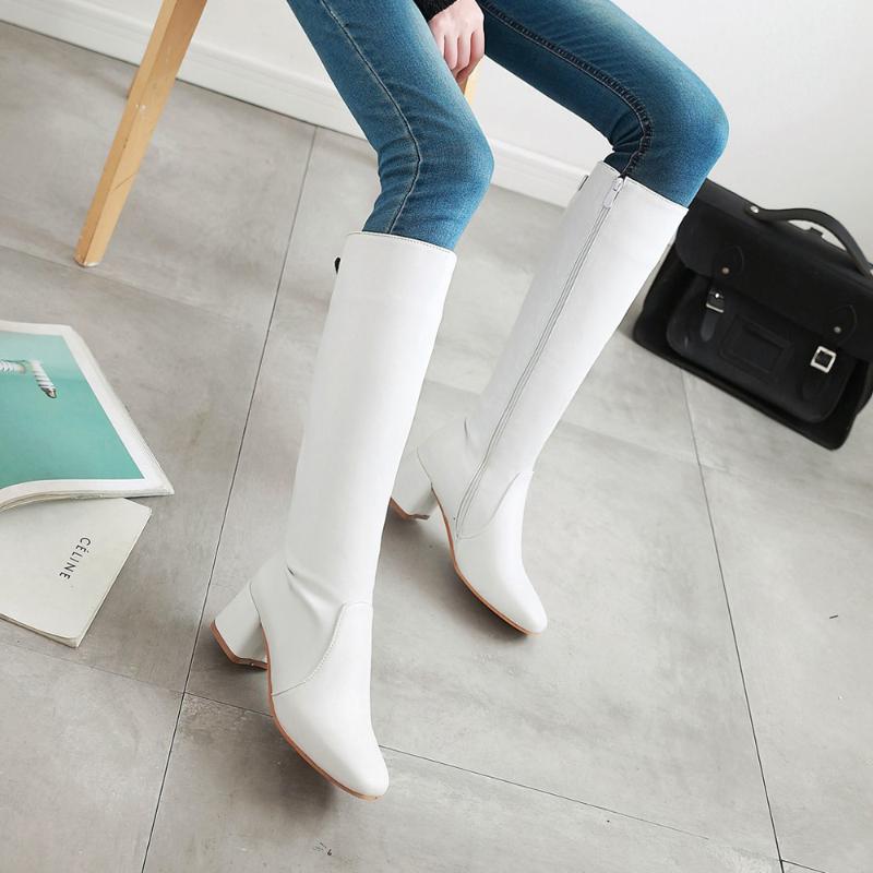 

Fashion Pu Leather Knee High Boots Women Elegant Square Toe High Heels Long Botas Woman Black White Autumn Winter Zip Shoes34-43, Black flock