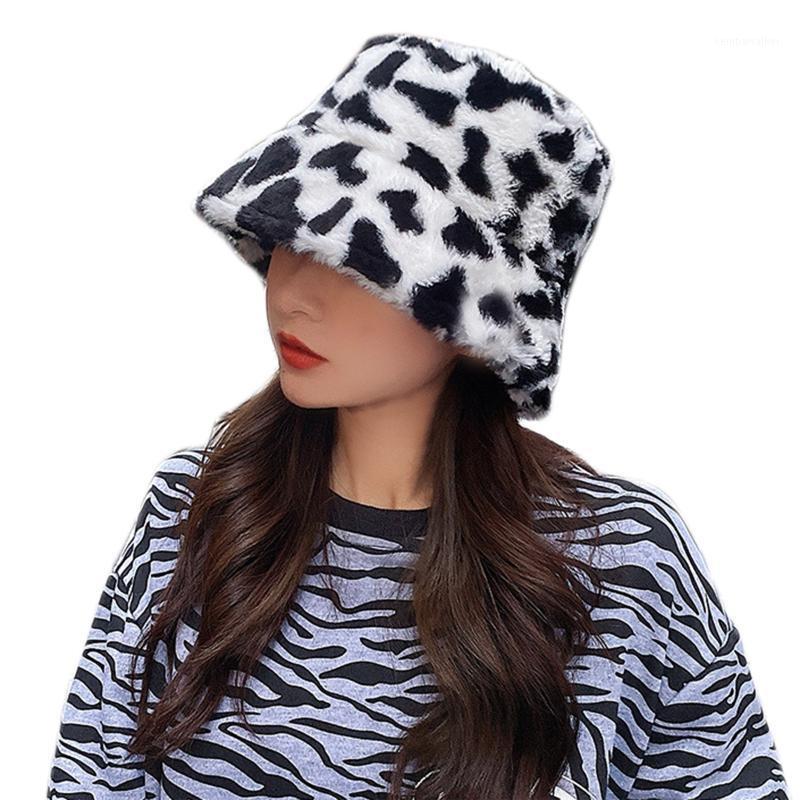 

Wide Brim Hats Women Men Winter Solid Color Cow Print Bucket Hat Fuzzy Plush Warm Fisherman Cap1, White