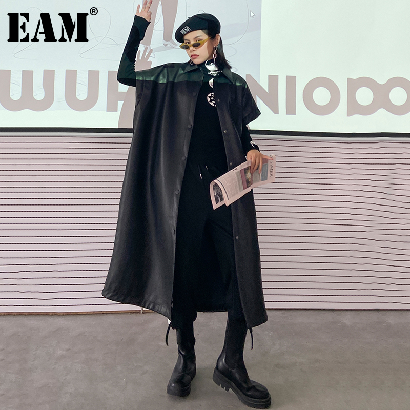 

[EAM] Women Loose Fit Black Pu Leather Brief Long Big Size Vest New Lapel Sleeveless Fashion Tide Spring Autumn 1Z632 210204