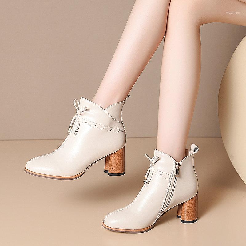 

2020 Autumn Winter Genuine Leather High Heels Boots Top Quality ankle Boots ruffles Decoration Shoes Woman large size 34-431, Beige