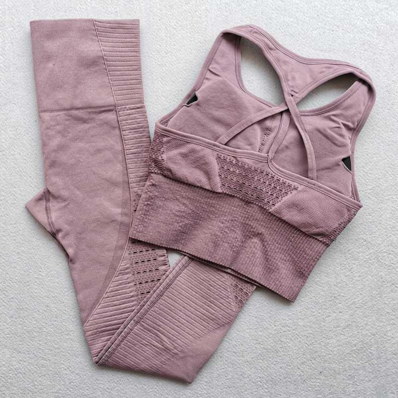 

2PCS Yoga Set Women Seamless Sports Suit Sportswear Fitness Clothes Women Running Gym Clothing Gym Leggings Workout Set1, Brown top