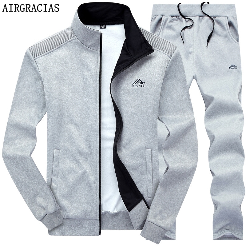 

AIRGRACIAS Two Piece Set Men Sport Sweatshirt Fleece Spring New Jacket And Sweatpants Mens Tracksuit US/Euro Size -XXL 201201, Dark gray