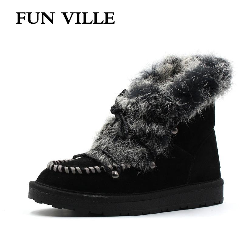 

FUN VILLE New Fashion Woman snow boots black gray brown Real Fur Wool Ankle boots warm Winter Shoes for Women size 34-42