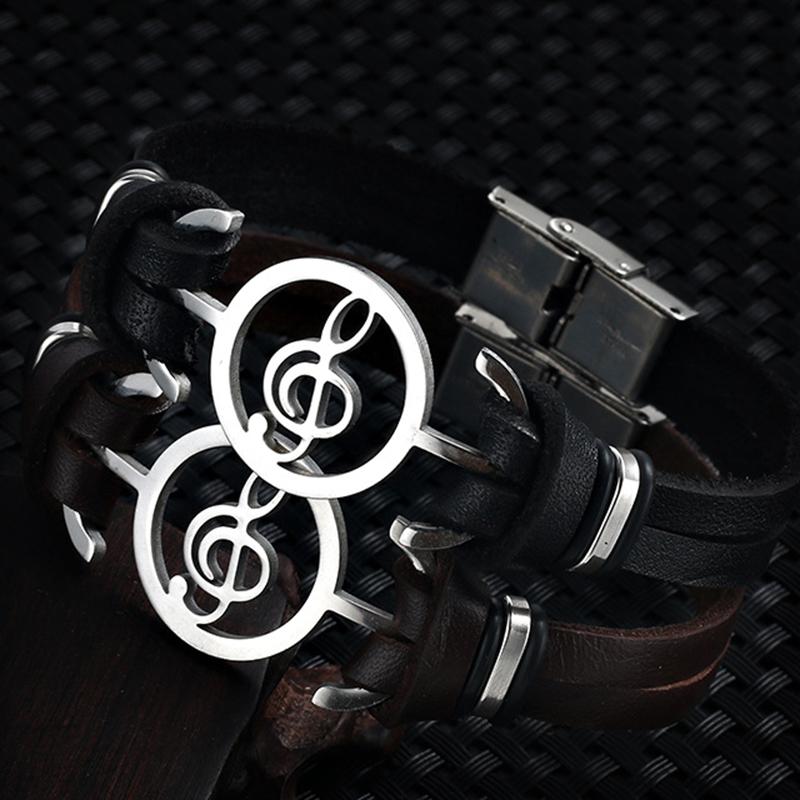 

HI MEN New Trend Punk Stainless Steel Musical Notes Bracelet Fashion High Quality Leather Wristband Charm Jewelry Gift Wholesale