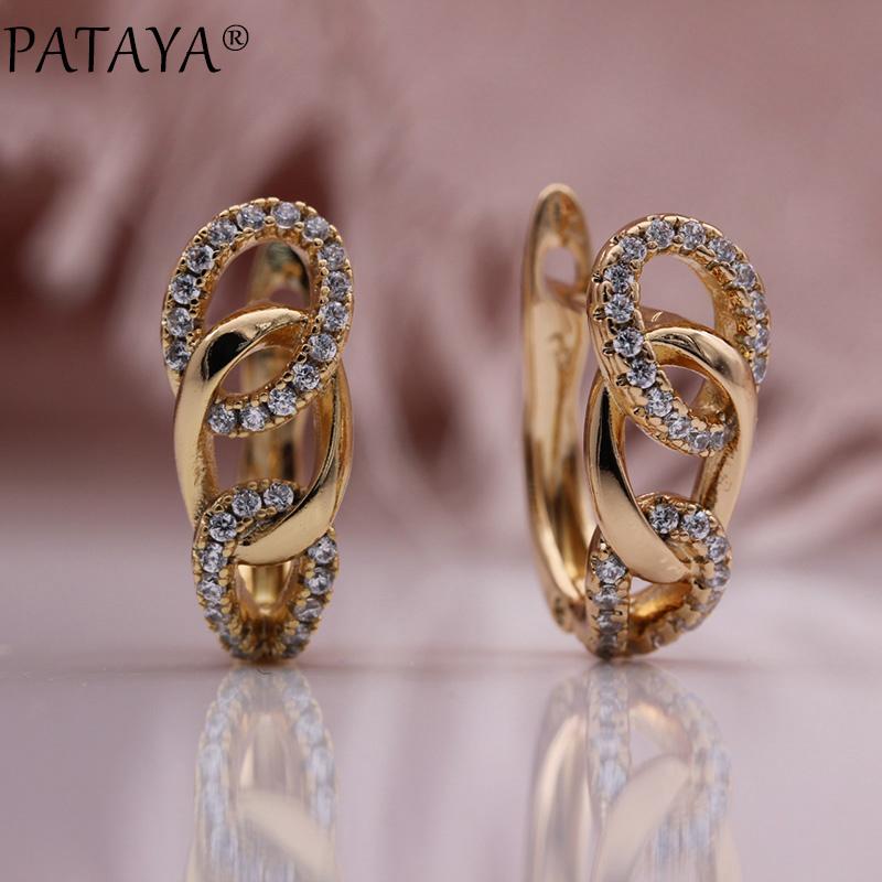 

PATAYA New Unique Three Interlocking Earring Natural Zircon 585 Rose Gold Dangle Earrings Cute Gift Trendy Women Fashion Jewelry
